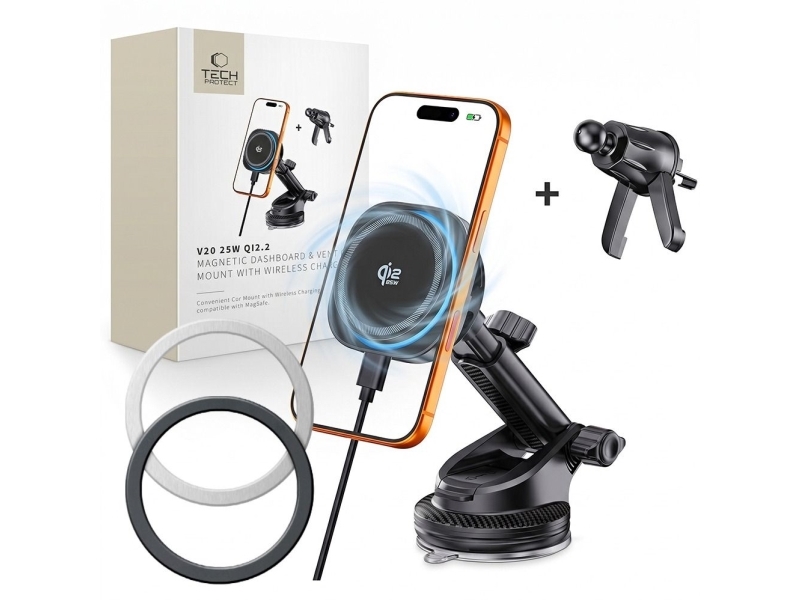 4Kom.Pl Tech-Protect V20 Arcticboost Magnetische Magsafe-Dashboard- & Lüftungshalterung Kabelloses Ladegerät 25W Qi2.2 Schwarz