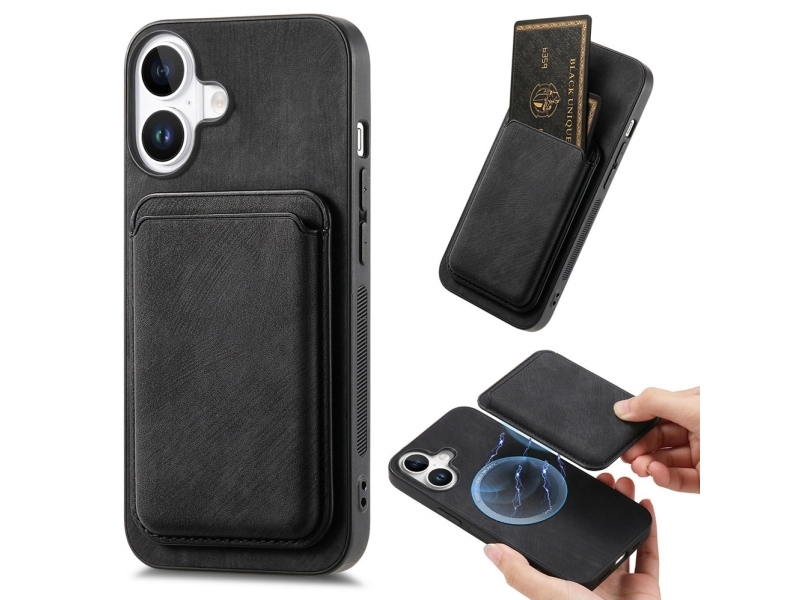 Synthetic Leather Iphone 17 Case With Detachable Magsafe Compatible Card Holder - Black