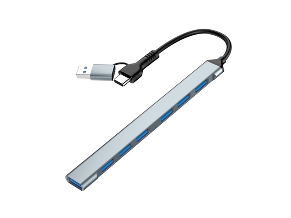 7-Port Usb-Hub (1X Usb 3.2 + 6X Usb 2.0), Usb-A + Usb-C, Sølv