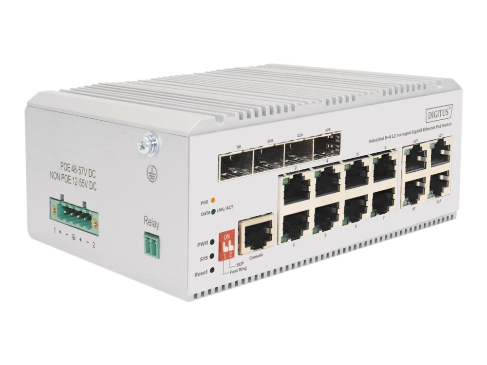 Digitus – Switch – Industrieausführung, L2 – Verwaltet – 8 X 10/100/1000 (Poe+) + 4 X Kombi-Anschlüsse Gigabit-Ethernet/Gigabit-Sfp – Din-Schienenmon