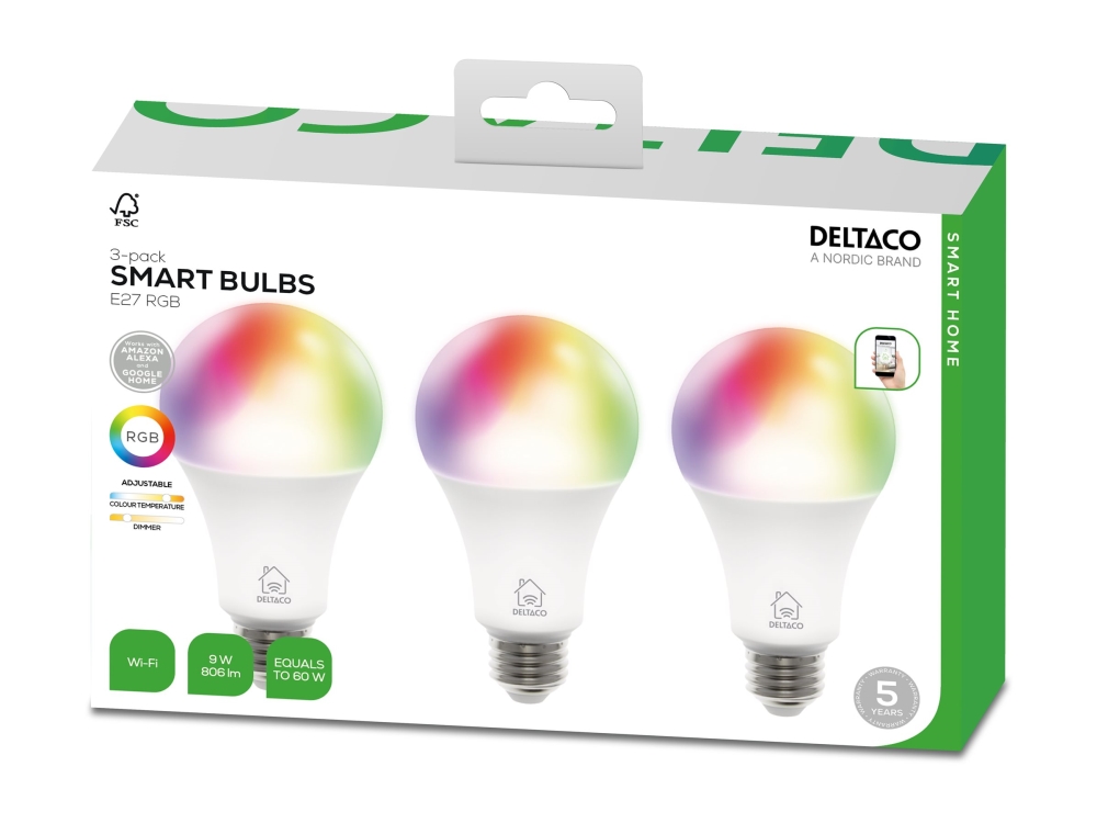 Deltaco Sh-Le27rgba6002-3P, Intelligentes Leuchtmittel, Wlan, Weiß, 802.11B, 802.11G, Wi-Fi 4 (802.11N), E27, A-Form