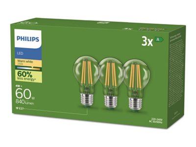 Philips Filament-Lampe, Transparent, 60 W, A60 E27 X 3, 4 W, 60 W, E27, 840 Lm, 50000 H, Warmweiß