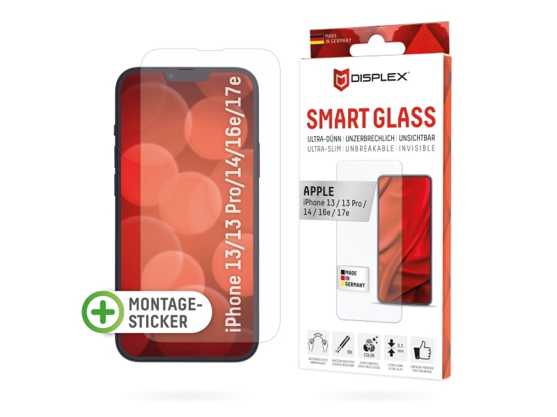 Displex Smart Glass (9H) Für Apple Iphone 13/13 Pro/14/16E/17E, Montagesticker, Unzerbrechlich, Apple, Iphone 13/13 Pro/14/16E/17E, Trockene Anwendun