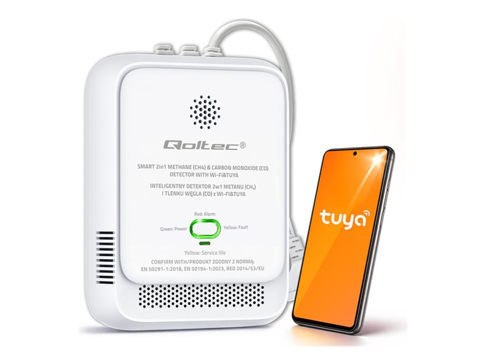 Qoltec Zertifizierter 2-In-1 Sensor Für Gas- Und Kohlenmonoxid-Leckage (Co) | Detektor Ch4 | Co | Ng | Tuya | Wi-Fi | Alarm 85 Db | Led