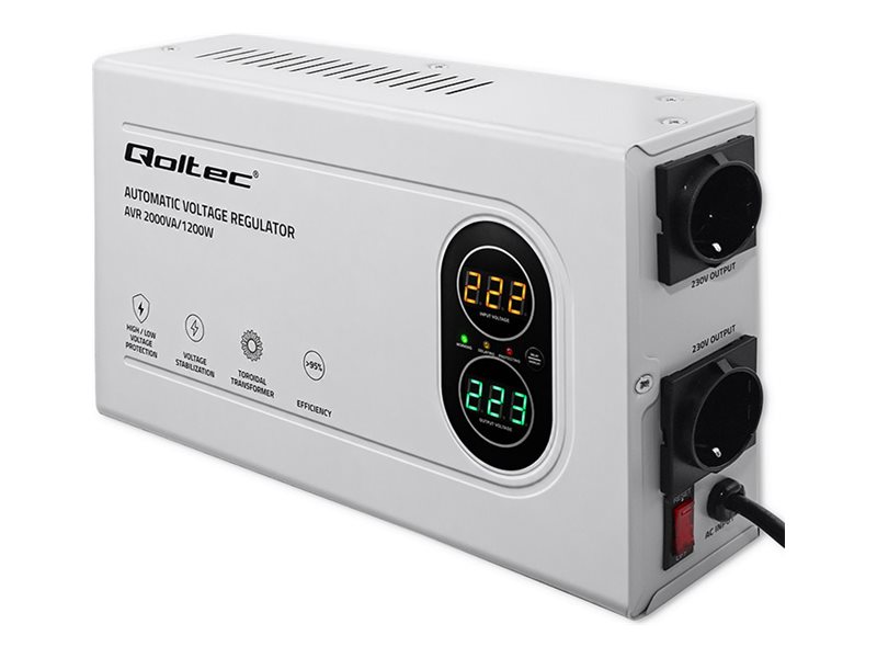 Qoltec - Automatisk Strømregulator - Kompakt, Toroidal Transformer - Ac 125-270 V - 1200 Watt - 2000 Va - 1-Faset - Output-Stikforbindelser: 2 - Grå