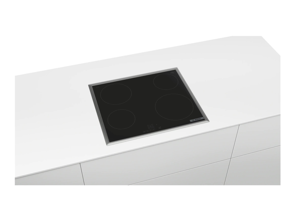 Bosch Serie | 4 PKE645BB2E - Keramisk kogeplade - 4 plader - Niche - bredde: 56 cm - dybde: 49 cm - med rustfri stålbeklædning - sort/rustfri stål