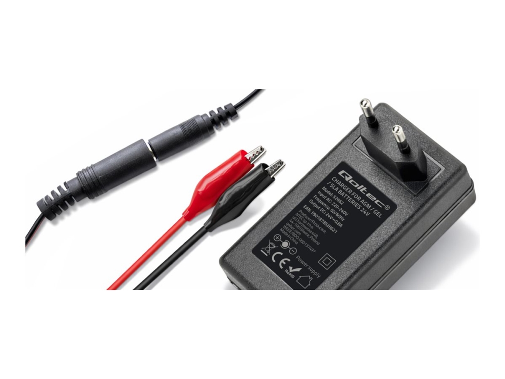 Qoltec - Batterioplader - til AGM GEL STD batterier, 24 V, 5,5 x 2,1, 1,8 m kabel - AC 220-240 V - 19.2 watt - sort
