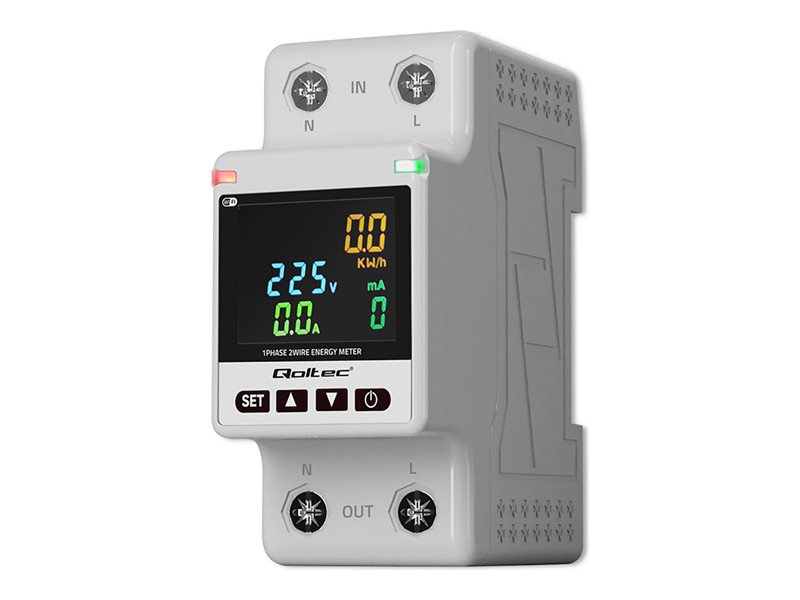 Qoltec - Strømovervågningsenhed (monterbar på DIN rail) - fjernbetjening, målehistorik, Wi-Fi, TUYA, Smart liv - AC 230 V - 1-faset - grå