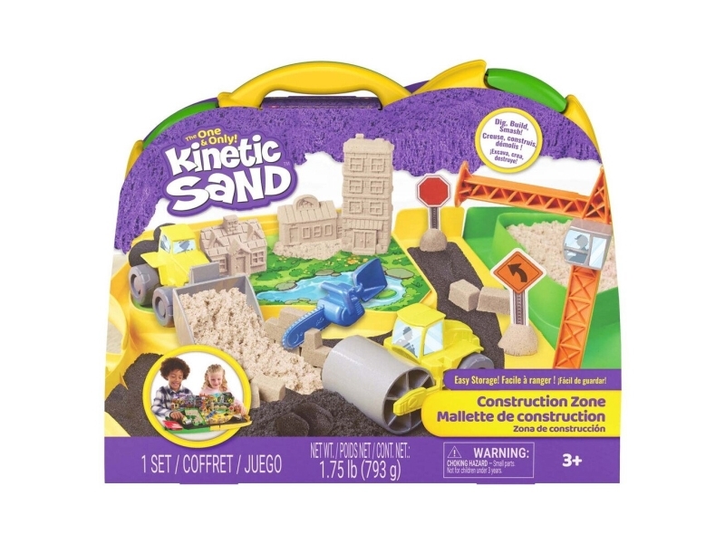 Kinetic Sand , Construction Zone Playset With Over 1Lb Of Moldable Play Sand And 2 Toy Trucks, Crane, Storage Case And Tools, Sandbox Construction To