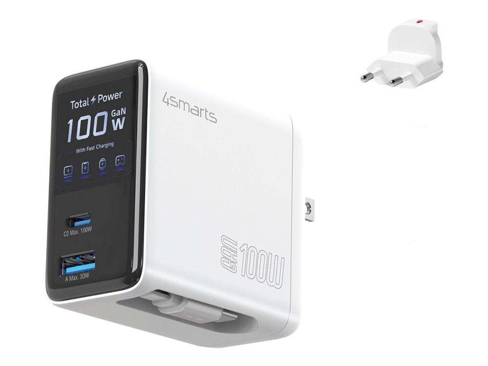 4Smarts Flex Screen Ai - Usb-C Strømadapter - Gan, 2 Usb-C+1 Usb-A - Ac 100-240 V - 100 Watt - Output-Stikforbindelser: 3 - Europa, Usa - Hvid