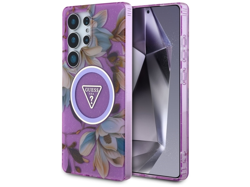 Guess Glitter Flowers Triangle Buttons Magsafe Case For Samsung Galaxy S25 Ultra - Purple
