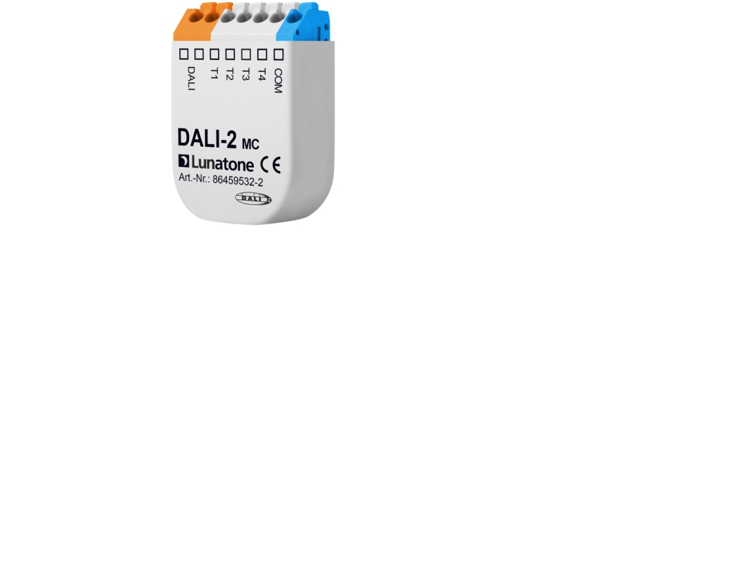 DALI-2 input modul har integreret applikationskontroller som gør den kan konfigureres til alle former for styring af DALI enheder