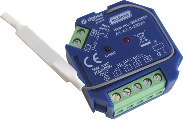 Box Relay Zigbee LED 0-200W / Halogen 0-400W, On/Off relæ NO