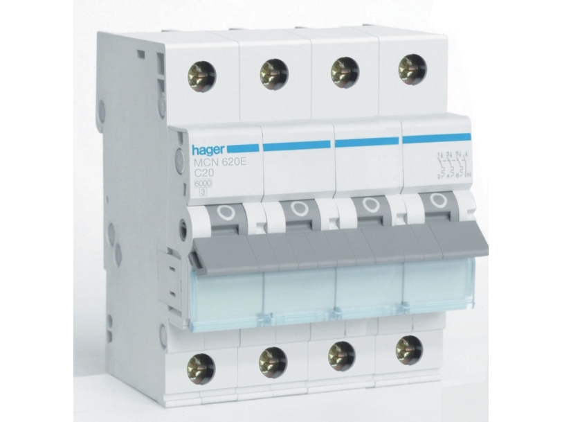 HAGER Automatsikring, MCB 20A C karakteristisk, 3 polet + nul, 6kA kortslutningsbrydeevne, 400V AC, 72mm bred