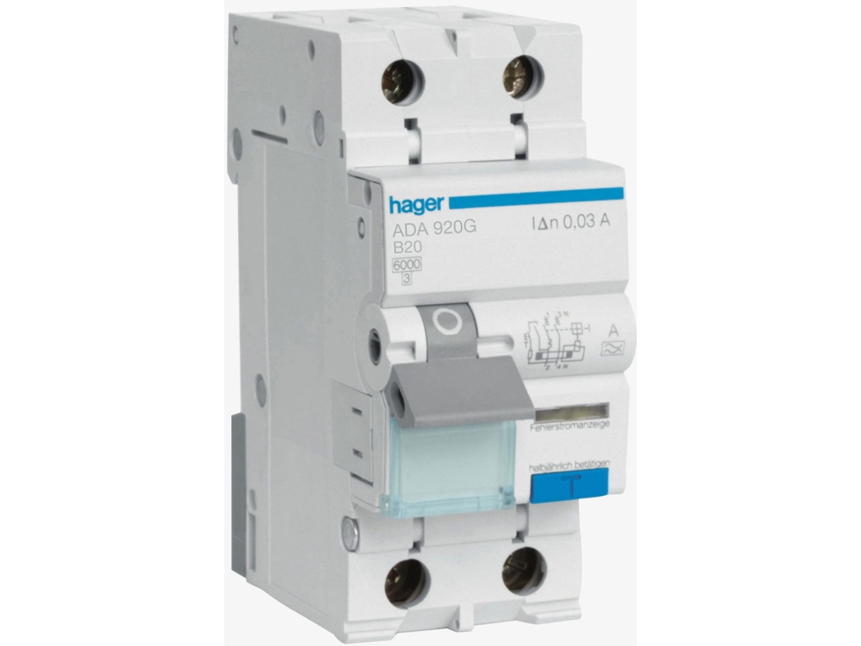 HAGER Kombiafbryder - RCBO 20A Udløserstrøm 30mA, B karakteristik, Type A, 1 polet + nul, bredde 36 mm