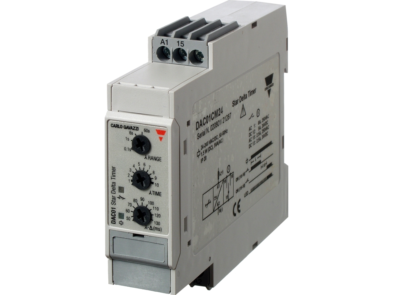 CARLO GAVAZZI Tidsrelæ stjerne/trekant, 1CO, spænding 24-250V AC/DC, indstillingsområde: stjerne 0,1-600sek, stjerne-trekant 50-130msek. B:17,5 mm