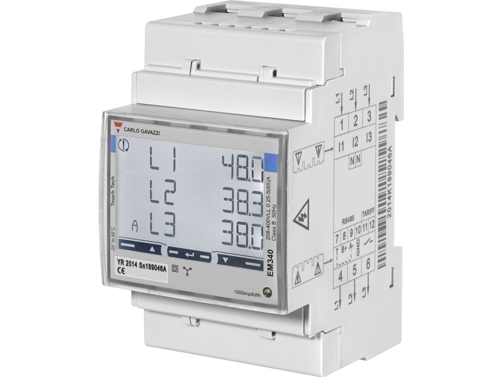 Carlo Gavazzi - Digital DIN-skinne elmler til direkte mling og med puls udgang, 230/400Vac / 3-faset / 65A / 50Hz / MID-godkendt (type EM340 DIN AV2 3 X O1 PF B)