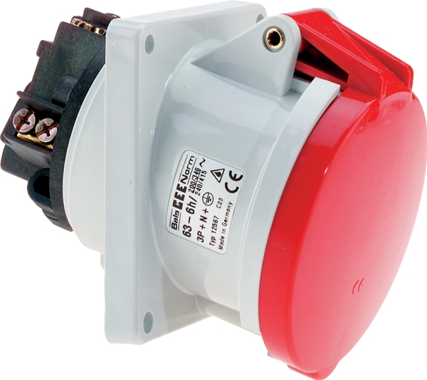 BALS CEE Stikdåse H6 400V 63A 5 polet, rød indbygning skrå, flange 114x114 mm IP44, polyamid