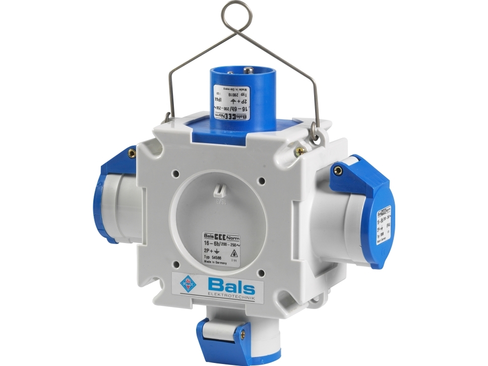 BALS CEE Krydsfordeler H6 230V 16A 3 polet blåt med 1 tilgang og 3 afgange IP44 polyamid
