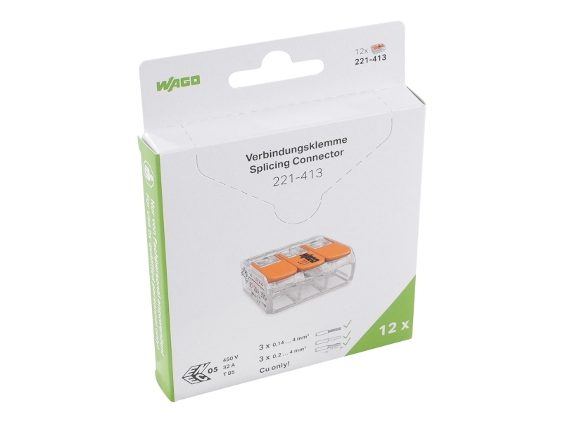 WAGO 221 samlemuffe med 3 huller huller for 0,2 til 4 mm ledning, transparent - 12 stk gr-det-selv pakke