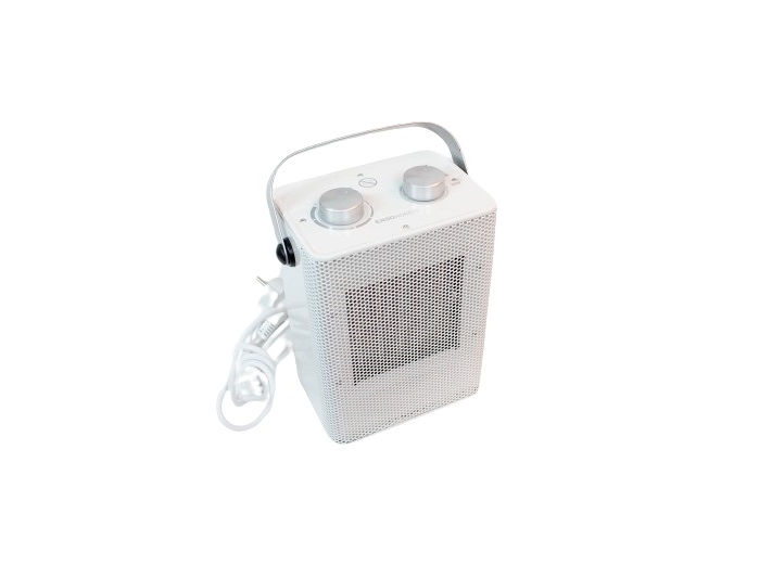 Ensonordic stilfuld mini varmeblæser 800 til 2000 W 230V i farven hvid, for indendørs brug.