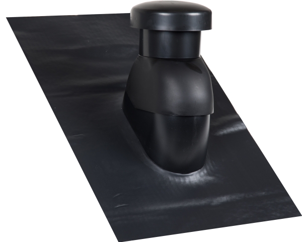 Universal ventilationshætte 125 med påmonteret Sabetoflex inddækning, Ø125 mm til taghældning 5-45°, sort med kondensisoleret rør.
