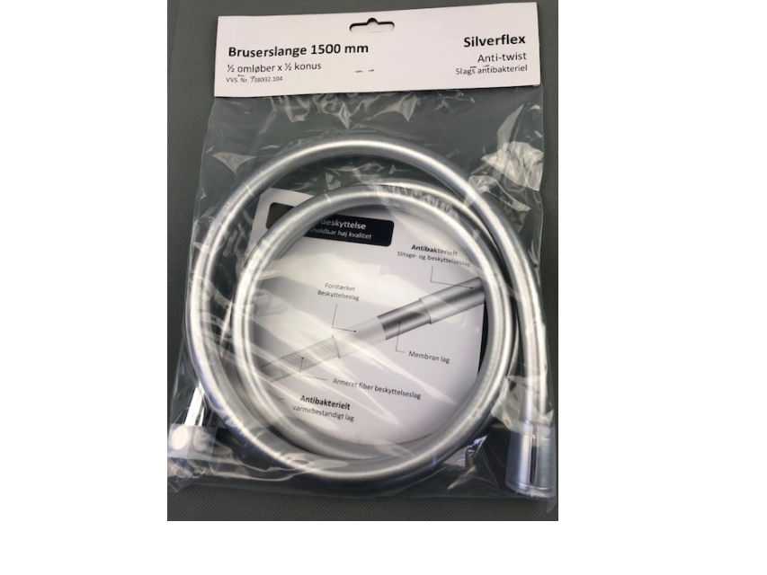 Csslr Plus antibakteriel krom bruseslange i længde 1500 mm med 1/2 omløber og 1/2 konus - Silverflex design og anti twist funktion