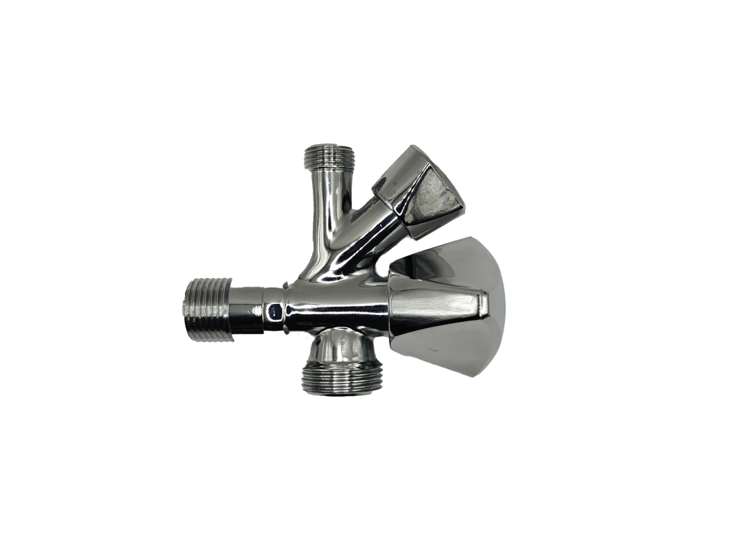 Dobbelt stopventil 1/2 x 3/8 x 3/4 med lige aftapventil til vaskemaskine