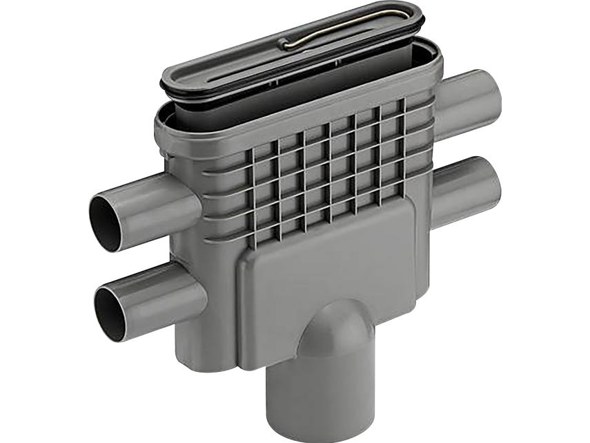 Unidrain Udløbshus m/lodret udløb Ø75 mm inkl. vandlås og fire vandrette sideindløb Ø40 mm