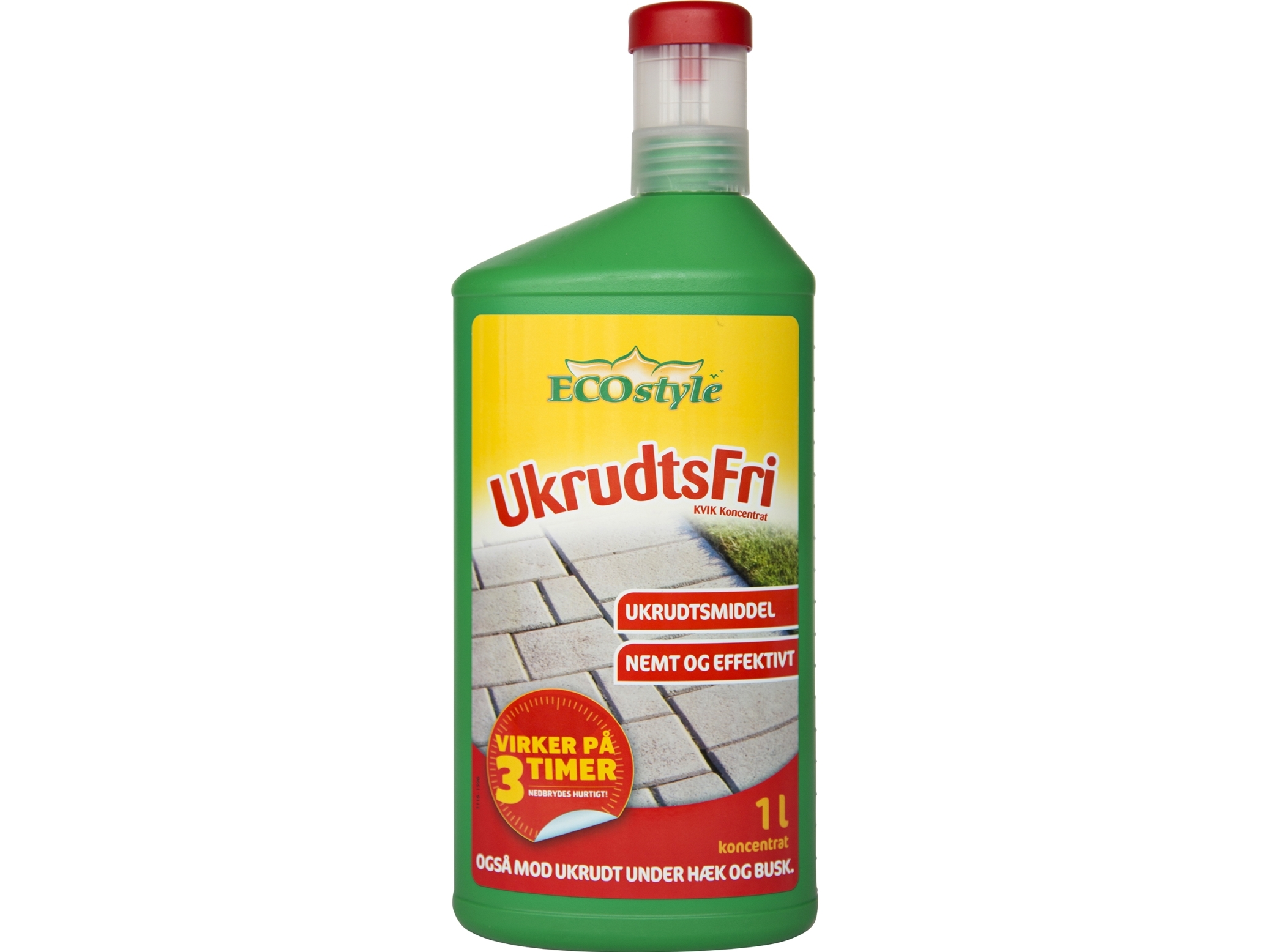 ECOSTYLE UkrudtsFri KVIK koncentrat blandes op med vand. Blandingen sprøjtes direkte på ukrudtet.