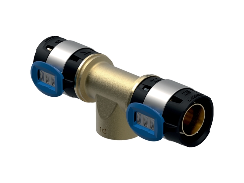 Geberit FlowFit T-stykke med indvendigt gevind: CuSn4Zn2PS, d=25mm, Rp=1/2, d1=25mm