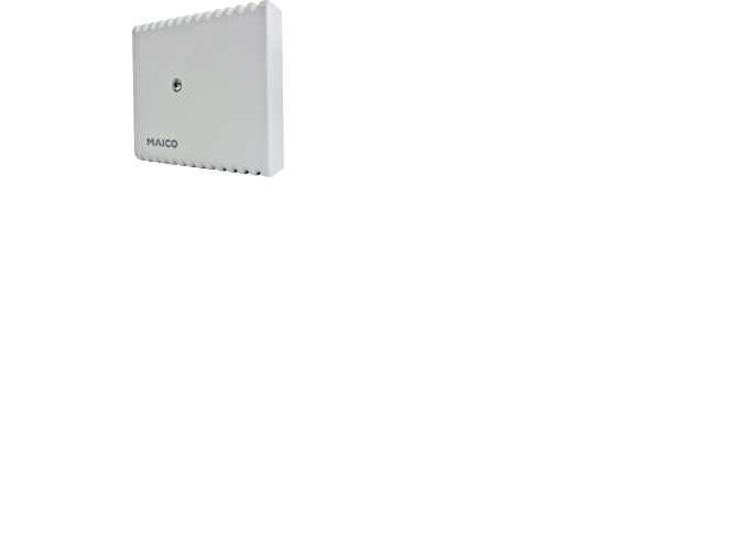 MAICO Hygrostat HY 230I, elektronisk fugtmåling, med skjult justering til af-/befugtning. IP30, arbejdsområde 20-80% RH. Mål 71x71x27 mm.