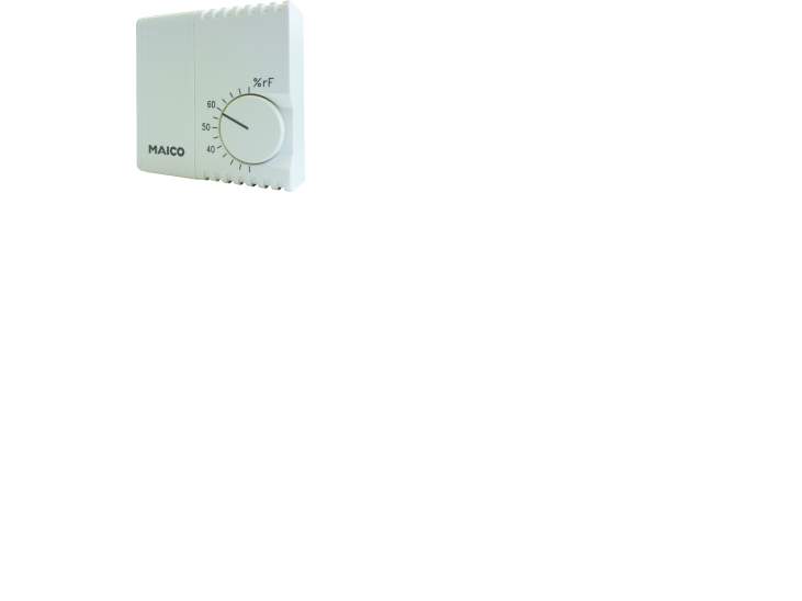 MAICO Hygrostat HY 230, elektronisk fugtmåling, med drejeknap på front til af-/befugtning. IP30, arbejdsområde 20-80% RH. Mål 71x71x27 mm.