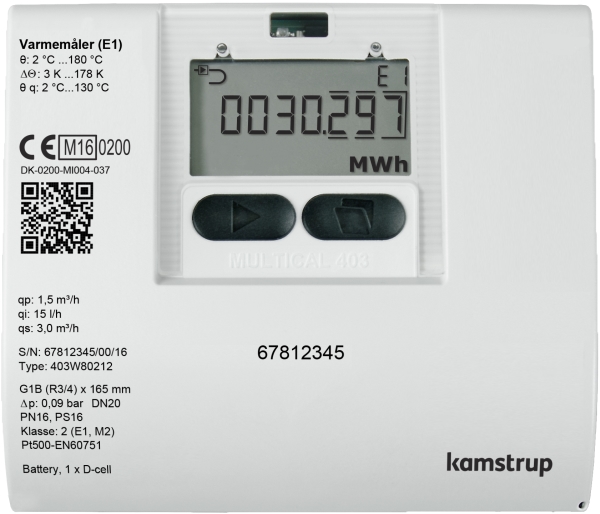 Kamstrup MULTICAL403 varmemåler 190mm x G1 ''B (R3/4'') retur eller fremløb. 2,5m3/h
