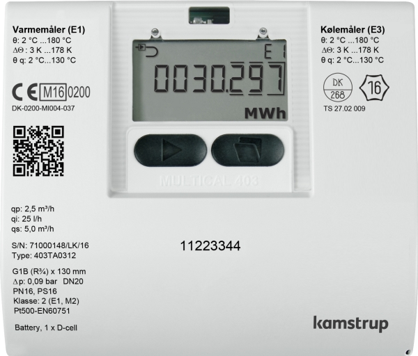 Kamstrup MULTICAL403 varmemåler 110mm x G3/4 ''B (R1/2 '') retur eller fremløb. 1,5m3/h