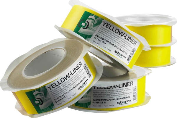 Dampsprretape Yellow-Liner, 50 mm x 25 meter, gul (rivbar) - 25 meter
