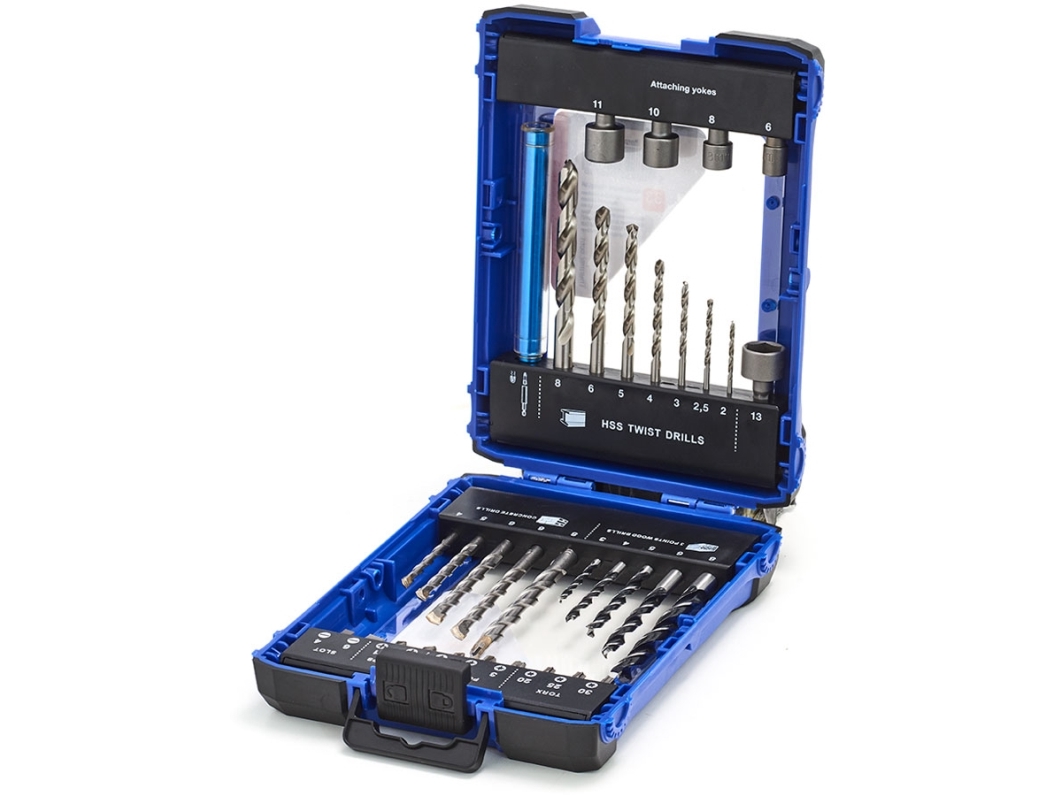THÜRMER TOOLS Kombineret kass. Med bor for metal i str. 2-8 mm, for træ i 3-8 mm., samt for mur i str. 4-8 mm. Indeh. Også toppe m/akku og bits.