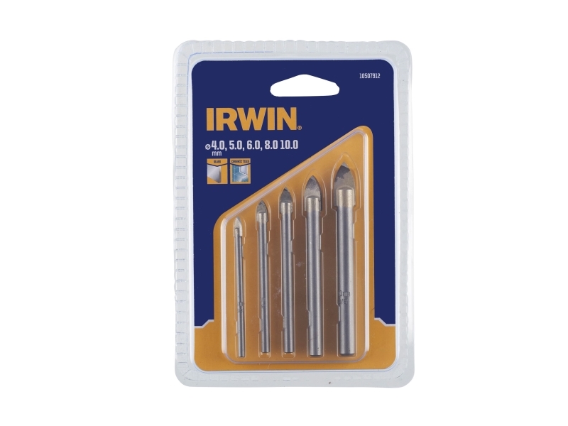 Irwin glas-, flise- og porcelænsbor, sæt med 4, 5, 6, 8, og 10 mm
