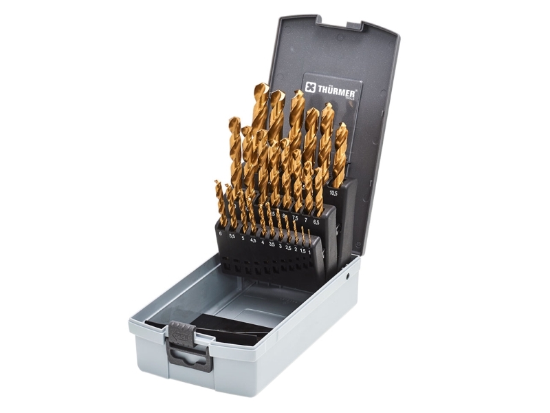 THÜRMER TOOLS Metalbor TIN belagt HSS borsæt 1-13 mm. 0,5 spring. Slebne TIN bor. 25 stk. I plastkasette