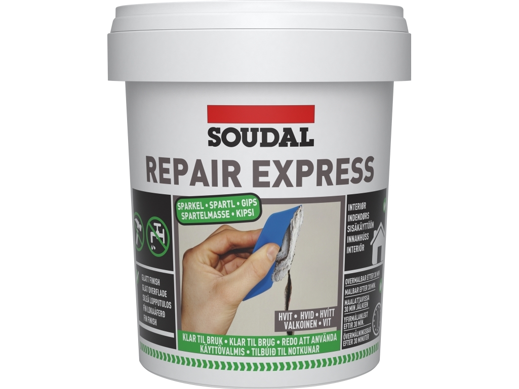SOUDAL Repair Express Plaster er en højkvalitets letvægtsfiller 900ml, reparation/udfyldning af revner og skruehuller i vægge og lofter