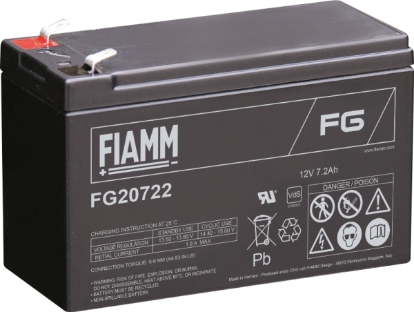 Fiamm Blybatteri 12v/7,2Ah. Til alarm og backup med spadesko 6,35 mm/Faton 250, dimension: L151xB65xH94 mm