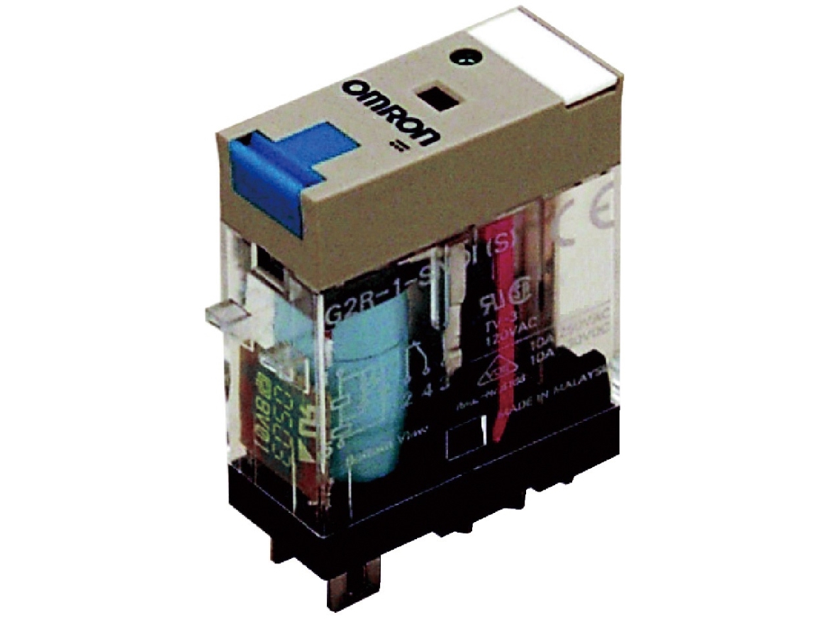 Relæ plug-in 5-pin SPDT 10A mech & LED-indikatorer låsbar testknap label facilitet G2R-1-SNI 24DC(S)
