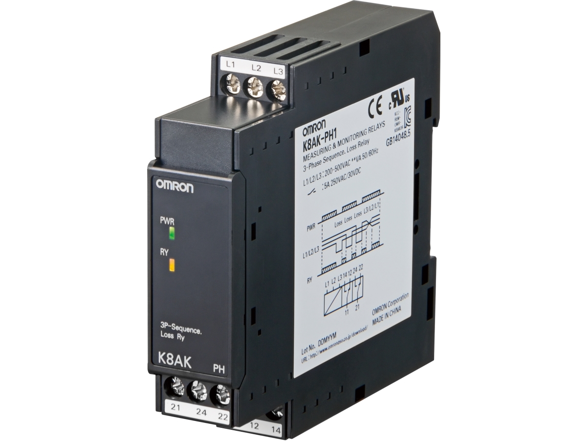 OMRON Fasefølgerelæ, 200-480V AC, måleområde200-240V AC, 2 CO, Skrueforbindelse