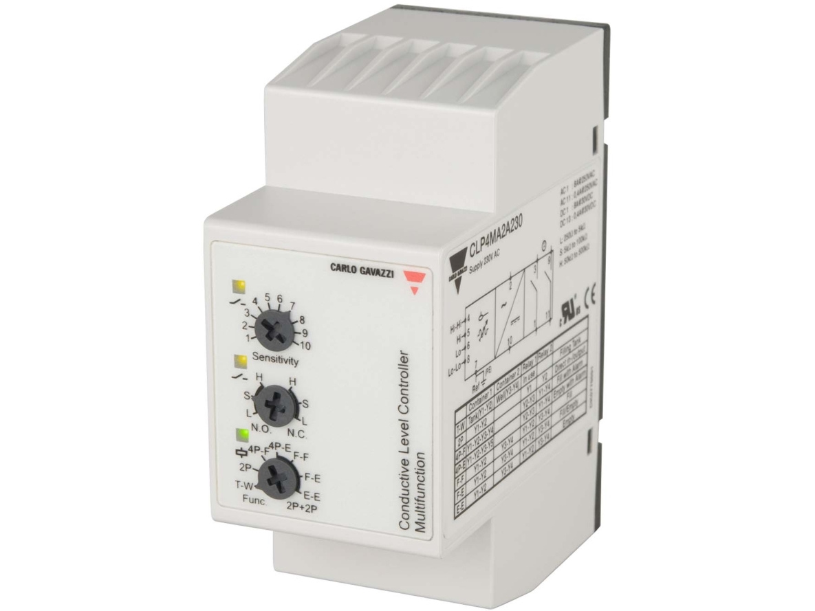 CARLO GAVAZZI Ind- og udpumpningsrelæ justerbar følsomhed med alarmudgang spolespænding 230V AC, 2 polet skiftekontaktsæt til 11 polet sokkel