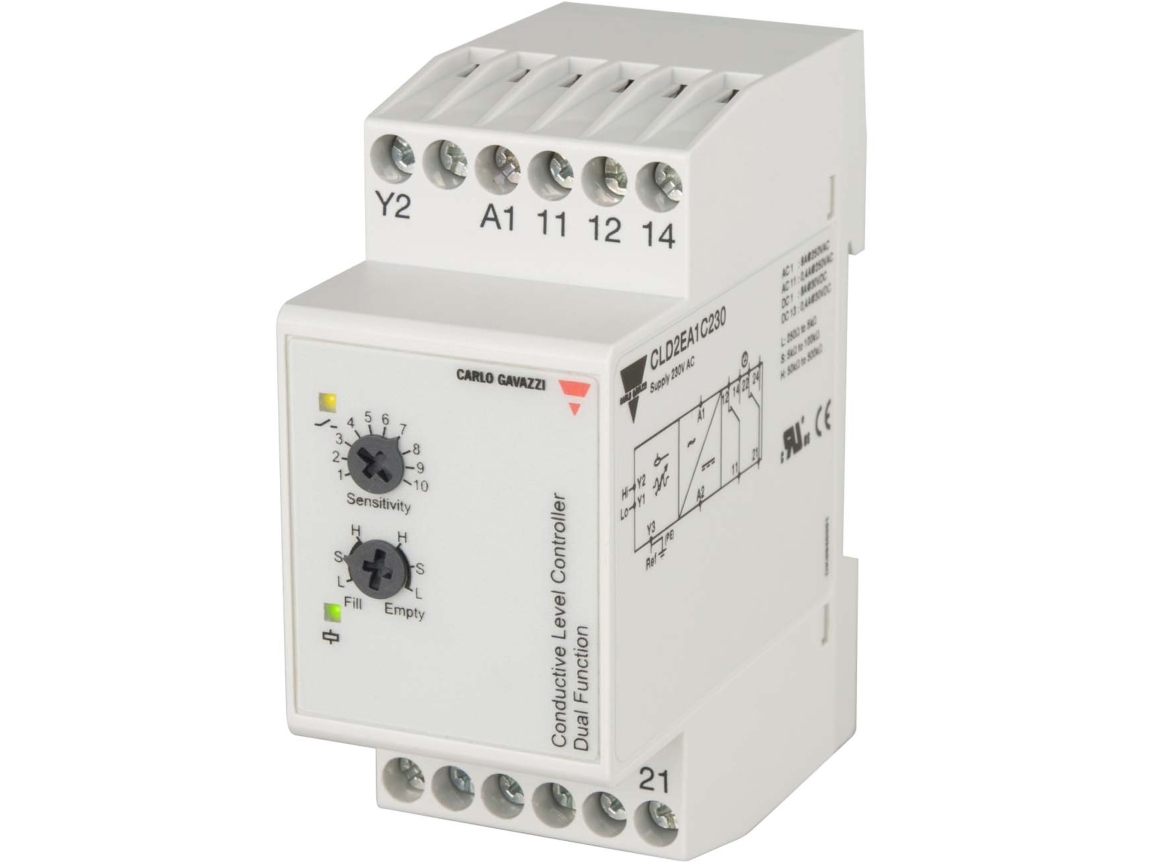 CARLO GAVAZZI Ind- og udpumpningsrelæ justerbar følsomhed spolespænding 230V AC, 2 polet skiftekontaktsæt til DIN-skinne