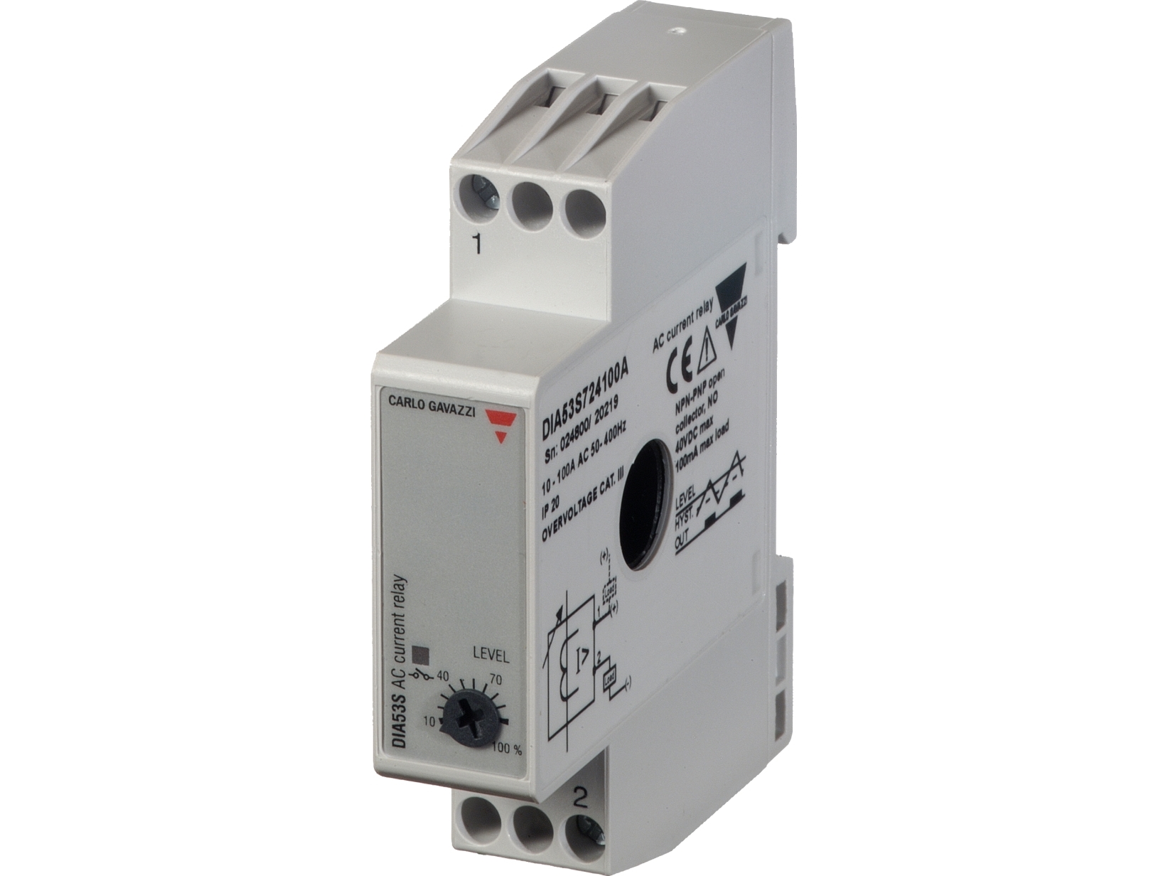CARLO GAVAZZI Strømtransformer 2-20 AAC, kabelgennemføring i siden, transistor udgang, 40VDC/100 mA, justerbar grænseværdi, DIN-skinnemontage