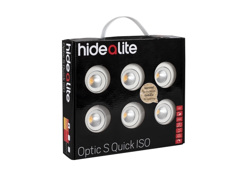 LED-downlight Optic S Quick ISO 6-p Hvid 2700K, 275lm, Ra>95, 3SDCM, 36°, 4,5W, IP44. Fasedæmpbar driver inkluderet.