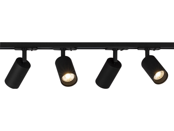 Spotlight Focus Track GU10-sæt 1-faset sort, vipbar 90°, roterbar 350°, 1-faset adapter, IP20. Inkl. 4 stk. armaturer.