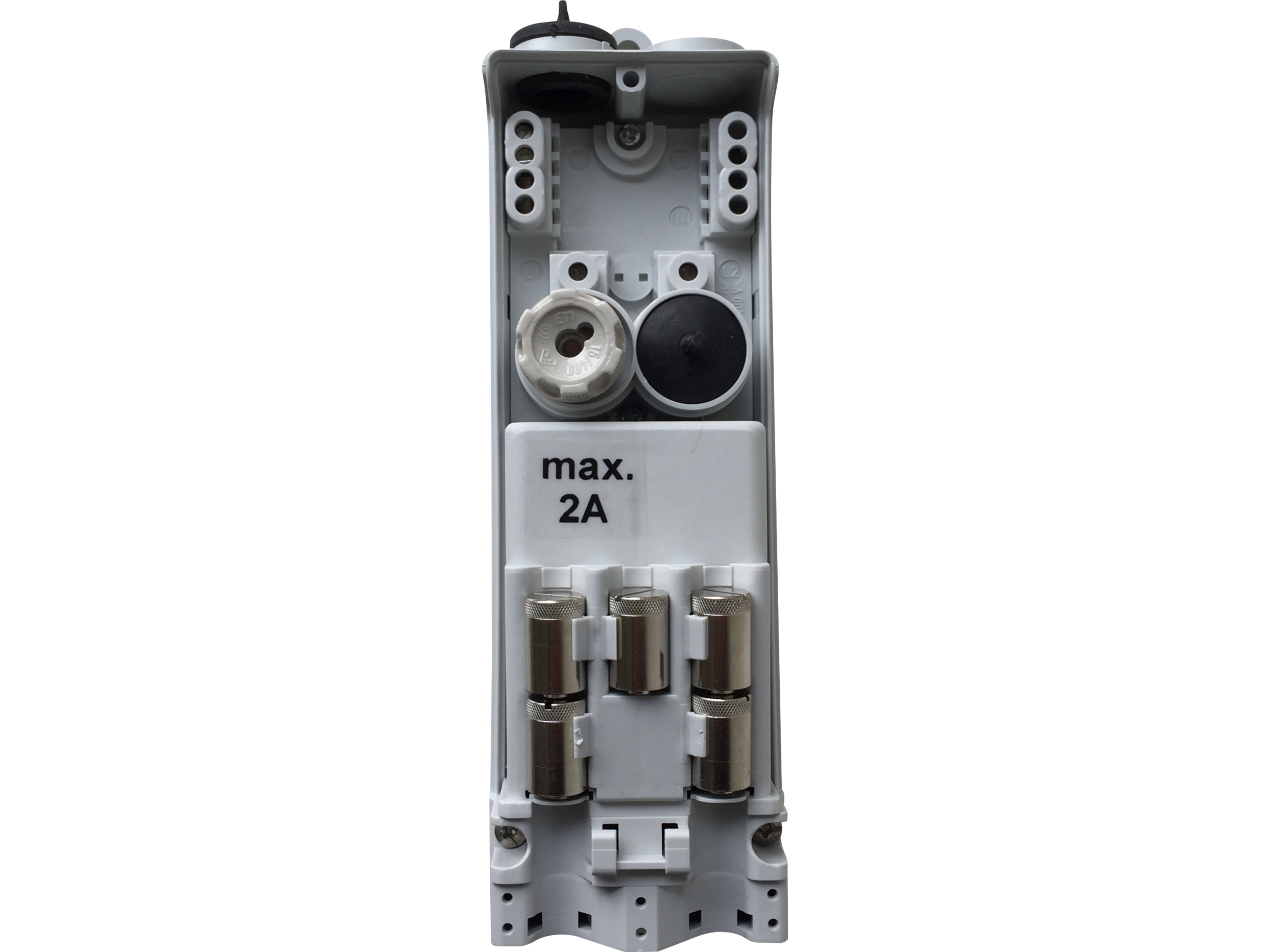 Sikringsindsats, kl II, 1-2-3 kabler 4x2,5-16 mm², 1 sikr. D01(E14), sikringshoved, 2A sikring, IP44