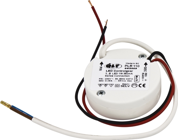 Konstant strøm driver beregnet til LED-lyskilder 350mA, 1W, 1-10,5W, Til montering i Euro dåse eller lignende